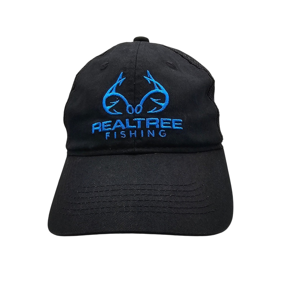 Realtree Fishing Trucker Hat Black Mesh Back‎ Snapback Cap Blue Logo OSFM